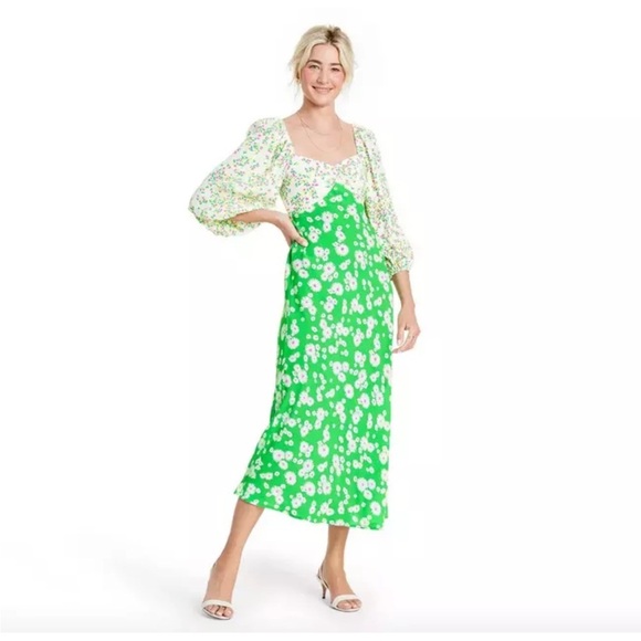 RIXO x Target Daisy Floral Long Sleeve Swing Green Midi Dress 12 Cottagecore - Picture 1 of 15